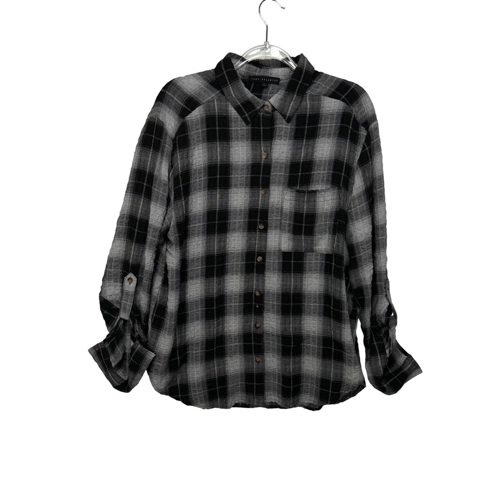 Jane + Delancey Plaid Button Down Shirt Womens‎ L Black Grey Tab Sleeve